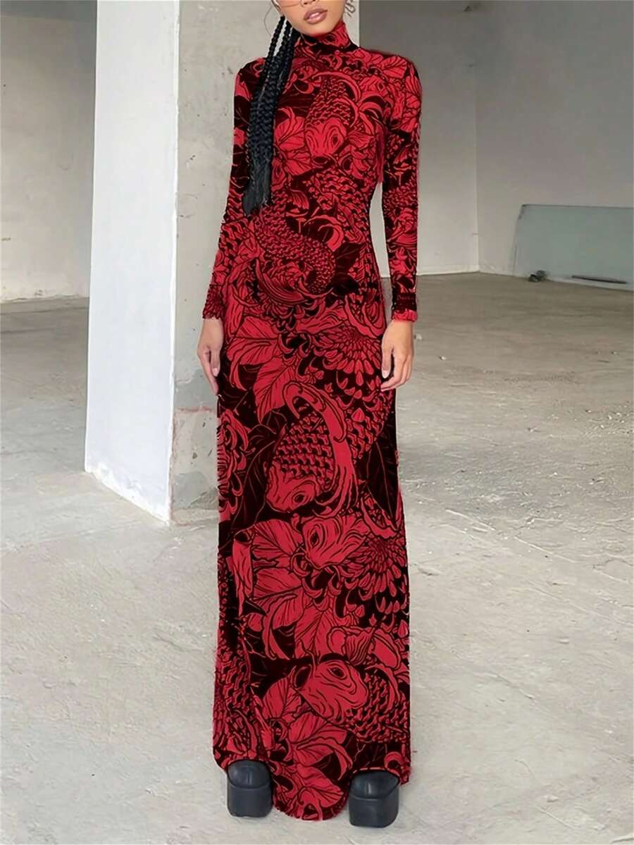 Melton Summer Sexy Colorblock Bodycon Dress High Neck Mesh Long Sleeve Graphic Print Mesh See Through Long Dress - 紅色 - 查看 1