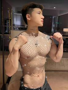 1 件男士性感水钻镶嵌渔网镂空背心，网眼透视俱乐部装，闪亮夜店派对背心，也适合女士