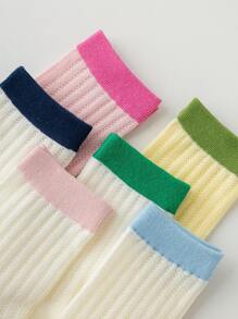 6 Pairs Of Colorful Women's Socks, Hollow Out Design, Simple Striped Women Crew Socks, Daily Casual Out Wear