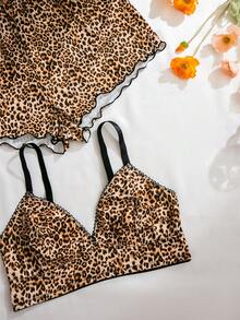 3 Sets Women Plus Size Comfortable Solid, Leopard Print, Heart & Cherry Decor Lingerie Set - Multicolor - View 5