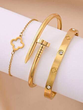 3 件/1 套金色不锈钢 18K 镀金简约手链，适合女性、派对、送给朋友、亲戚、节日、订婚、婚礼、宴会、夏季海滩派对的礼物