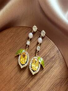 1 Pair Rhinestone Lemon Fruit Designed Luxury Elegant Long Earrings, Delicate Jewelry Accessory For Women, Suitable For Daily Casual Wear