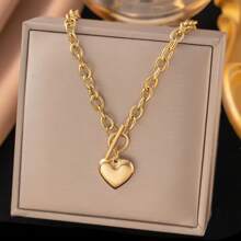 1pc Fashionable Gold Stainless Steel OT Clasp Heart Pendant Necklace, Summer