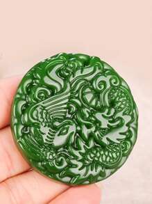 Colar com pingente de dragão do zodíaco em jade verde natural, amuleto de riqueza Feng Shui, pingente de jade vintage, adequado para casais, pode ser usado diariamente (com cordão)