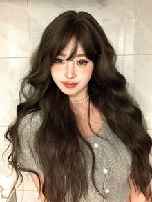 alicegarden 1 Synthetic Heat-Resistant Long Rolled Wig, Black Brown Long Rolled Hair With Bangs, 28 Feet Long, Made Of Fiber, Suitable For Daily Use, Natural Artificial Wig - Black Brown - View 1