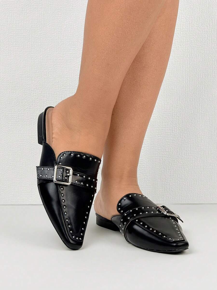 Pointed Toe Slip-On Mule Slippers With Rivet Decor, Retro Flat Bottom British Style Sandals - Black - View 1