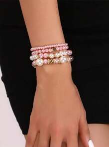 4pcs Set Heart Shaped Beaded Bracelets For Women, Bohemian Fashion Bangle Set