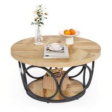 LITTLE TREE Round Coffee Table,80cm Round Wood Center Table, Farmhouse Large Circle Coffee Tables With 2-Tier Storage, Modern Simple Brown Tea Table - Brown - View 2