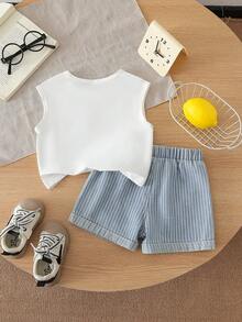 2pcs/Set Toddler Boys' Casual Round Neck Sleeveless Striped Pocket Tank Top + Versatile Striped Denim Shorts Set - White - View 2