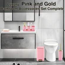 Pink Bathroom Accessories Set 8 Piece Pink And Gold Bathroom Set, Bathroom Sets With Stainless Steel Trash Can,Toilet Brush,Toothbrush Set,Soap Dispenser - Burgundy - View 6