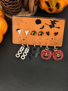 10 Peças/12 Peças Conjunto de Brincos para Halloween, Brincos de Botão com Elementos de Abóbora, Fantasma e Morcego Decorados com Strass