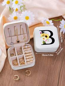 1 件花卉首字母首饰盒、A-Z 字母旅行首饰盒、伴娘、结婚礼物、字母戒指盒、女士礼品盒、PU 皮革首饰盒（用于戒指、吊坠、耳环、项链等） - 女孩和女士礼品盒。