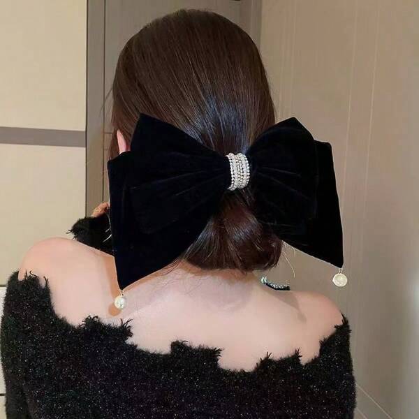 1pc Women's Solid Velvet Oversized Pearl Rhinestone Bow Hair Clip, Elegant & Sweet For Daily Wear, Party, And Formal Events