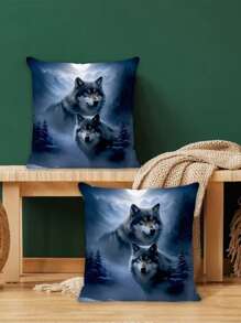 Fronha com design contemporâneo de lobo, 2 peças, fibra de poliéster, impressão unilateral, capa de almofada decorativa para sofá, decoração para casa, tema animal, estilo retrô, padrão geométrico, sala de estar, fecho de zíper, limpeza parcial sem núcleo de travesseiro