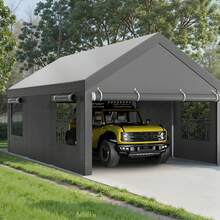 JAMFLY Carport Heavy Duty Car Canopy Garage With Roll-Up Ventilation Windows & Doors, Removable Sidewalls Portable Carport Canopy Waterproof For Cars, Boats, Trucks - Grey - View 2