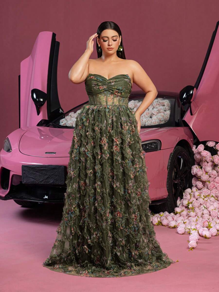 Faeriesty 奢华无肩带超长晚礼服，饰有精致花卉图案和多层薄纱裙 | 浪漫奢华晚装 | 非常适合婚礼、红毯活动、舞会和私密约会之夜 - 橄欖綠 - 查看 1