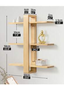 Etagere Murale en Bois, Étagère Flottante à 3 Niveaux, Étagère Décorative en Bois Massif avec Tablettes Amovibles, 50x58 cm, pour Salon et Chambre