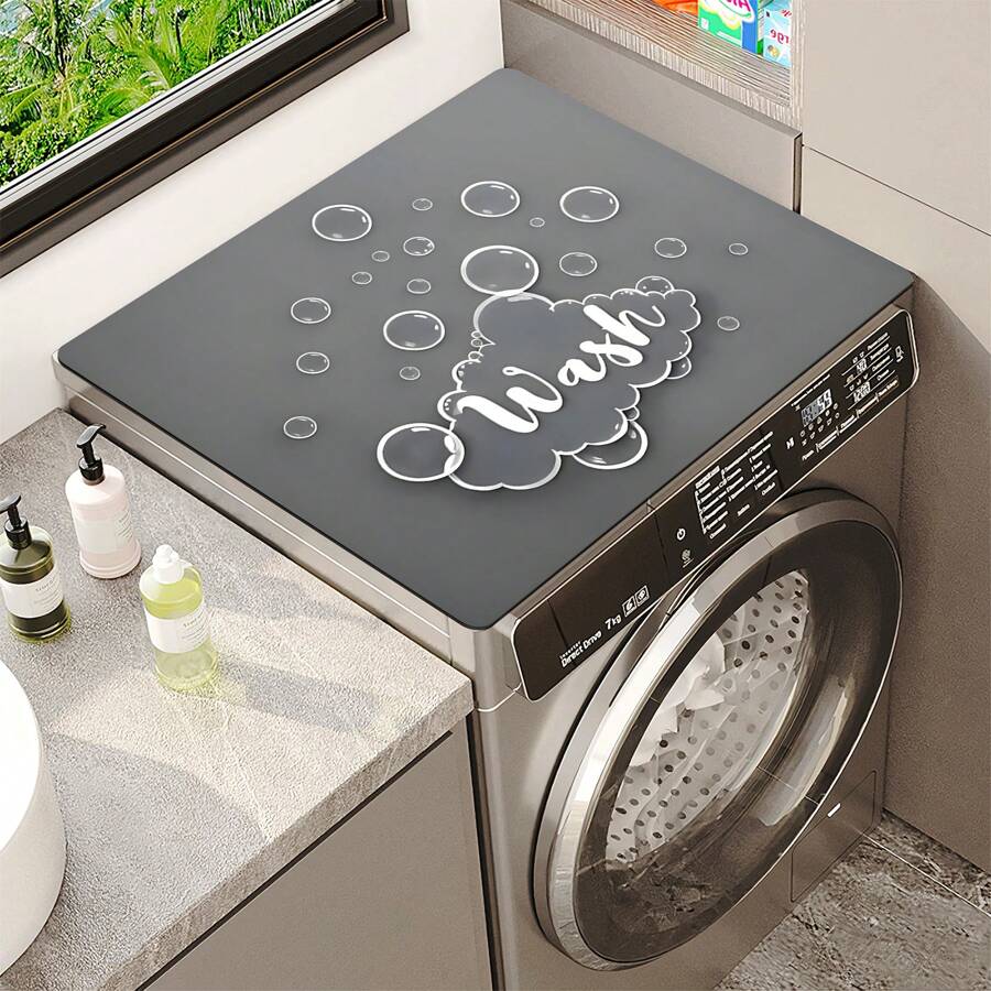1pc Gray Letter Bubble Print Washing Machine Dust Cover Pad,Countertop Absorbent Table Mat,Absorbent & Quick-Dry Fridge Mat, Microwave Oven Dust Cover,Soft Diatom Mud Drainage Pad,Non-Skid Super Absorbent And Wear-Resistant Dish-Washing Dry Pad,19.7*23.6 Inch Modern Washing Machine & Dryer Top Cover,Suitable For Laundry Room And Kitchen