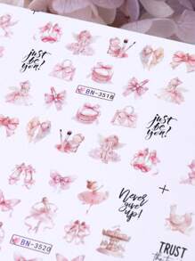 12 designs/pièces Autocollants d'eau pour ongles avec motifs de filles de bandes dessinées. Nœuds, rose, abricot, gâteau, rouge à lèvres, cosmétiques, poupée, ours, lapin, cygne, chien, design romantique. Décalcomanies kawaii à transfert par l'eau pour décoration d'ongles