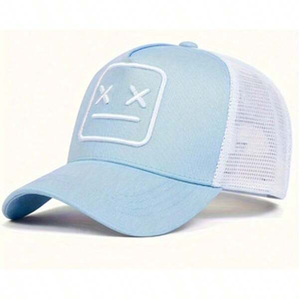 1 Stück Herren Baseball Kappe mit lächelndem Gesicht Stickerei, modischer LKW Fahrer Hut, verstellbar, Outdoor Sonnenschutz Lässig Kappe, geeignet für Frühling/Herbst Reisen, Strand