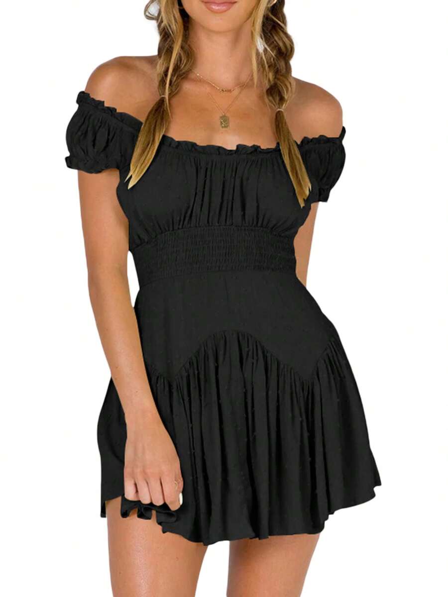 Women Flowy Pirate Dress Fairy Short Sleeve Y2k Off Shoulder Ruffle Corset Mini Dresses - 黑色 - 查看 1