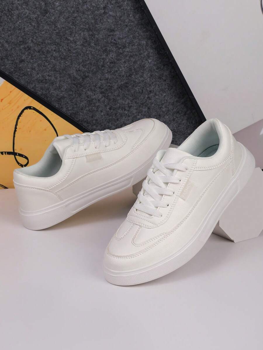 Tênis de Skate de Cano Baixo Masculino - Branco, Design de Moda, Cadarço, Palmilha Confortável de Tecido, Solado MD Durável, Bico Arredondado para Uso Casual, Adequado para Calçado Esportivo em Todas as Estações