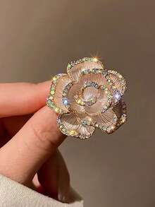 1pc New Rhinestone Camellia Brooch Pin, High-End Vintage Lapel Pin For Women School Office Accessories Shirts Jacket Jewelry Christmas Halloween Clothes Pin Funny Cute Teacher Gifts - Black - View 6