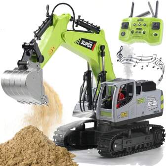 JCMO Remote Control Excavator Toys For Boys,16 Channel Dual Speed Control RC Excavator Construction Toys With Metal Shovel & Light,Simulated Smoke,Christmas Birthday Gift Toy For Boys Kids