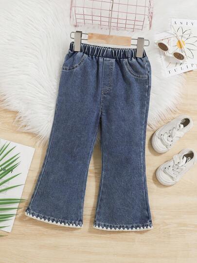 Girls Casual Washed Blue Denim Flare Pants With Shell Embroidery, Versatile Trousers Suitable For Girls All Seasons