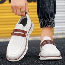 New Arrival Men's Casual Business Sports Shoes, Breathable Non-Slip Lightweight Running Shoes, Korean Style Versatile Large Size Men's Casual Shoes, White Simple Breathable Loafers, EVA Non-Slip Sole, Breathable Knit Material, Suitable For Home, Business, Parties, Walking And Daily Casual Wear, All-Season