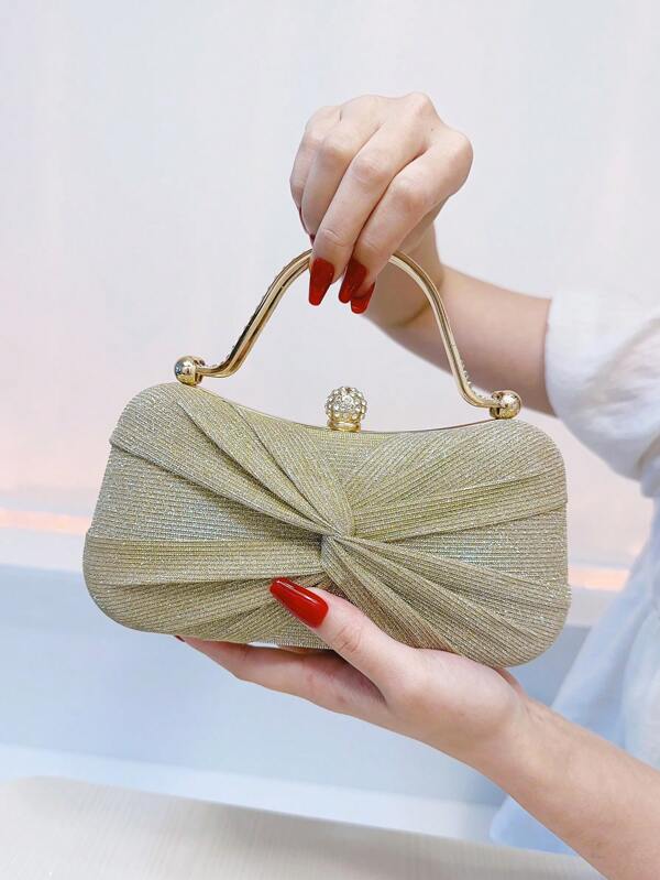 Sparkling Gold Glitter Evening Bag, Rhinestone Pleated Clutch Purse For Banquet, Wedding, Party, High-End Fashion Elegant Women Handbag, Cocktail Formal Shoulder/Crossbody Bag