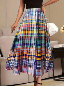 Spring/Summer Elegant Plaid Tunic Skirt Casual Beachwear For Ladies,Women's Flowy Plaid Maxi Skirt - Casual Vacation Wrap Skirt, Boho Chic High Waist Long Skirt, Elastic Waist Beach Skirt For Women,Fashion Plaid Women Skirts - 彩色 - 查看 2