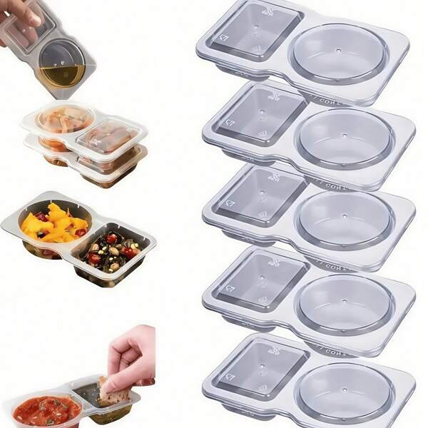 20 Piece /15 Piece/5 Piece/2 PiecePortable Dual Compartment Condiment Container - Reusable Plastic Sauce And Dip Serving Tray For Travel, Snack And Meal Preparation (Clear), Dipping Cups
