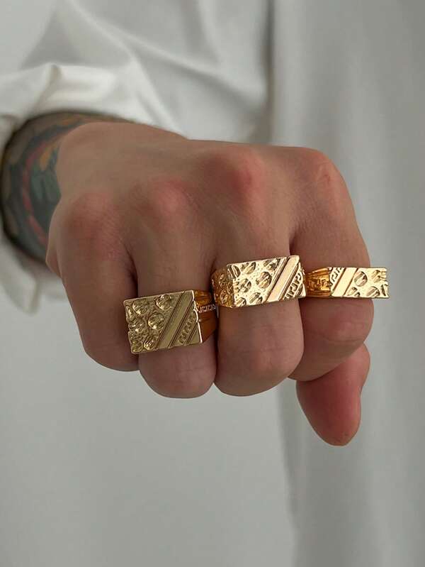 Set de 3 anillos ajustables de hombre con patrón geométrico de estilo hip hop, versátil