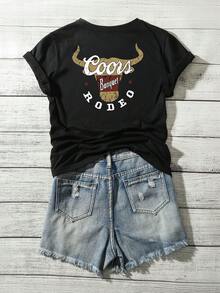 Camiseta casual de cuello redondo con estampado de vaquero estilo occidental para mujer de talla grande, Camiseta de manga corta estilo occidental retro de los 90 de talla grande, Camiseta casual de verano de talla grande, Regalo para ella