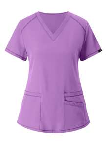 2-Piece Women's Solid Color Matte  Health Work Suit - Elastic And Breathable  Uniform With V-Neck Short-Sleeved Top And Drawstring Pants, Functional Pockets - Machine Washable, Durable, Suitable For Health Professionals - 淡紫色 - 查看 7