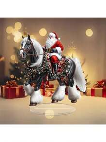2D flach, 2D Weihnachtsmann reitend auf Pferd Acryl Ornament - Festliche Weihnachtsdekoration mit Kranz, Geschenken und Schneeflocken, perfekt für Heim- oder Büro-Feiertags-Dekoration, 1 Stück, ideales Abschlussgeschenk | Art-Deco-Weihnachtsmann | Klarer Kranz-Design, Weihnachtsmann Dekorationen