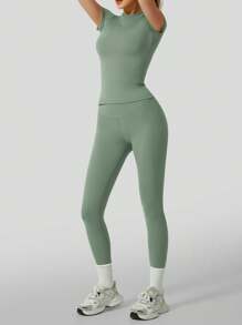 YEIFIN Set de chándal de 2/4 piezas con camiseta de cuello redondo y malla de cintura alta, camiseta deportiva cómoda y pantalones pitillo para yoga, gimnasio y entrenamiento, ropa deportiva de verano para vuelta al cole, chándales para mujer, conjunto de estilo urbano para primavera y verano