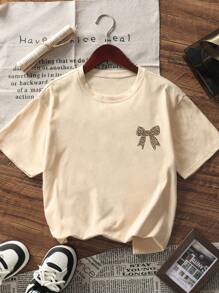 1pc Tween Girl Leopard Bow Print Tween Girl Oversized Short Sleeve T-Shirt, Comfortable & Fashionable Summer Top