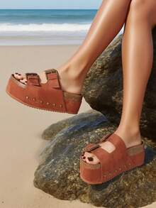 Women's Cork Platform Sandals Fashion Studded Adjustable Buckle Straps Slip On Thick Bottom Casual Wedges Clogs Slide Sandals Woman - Brown - View 1