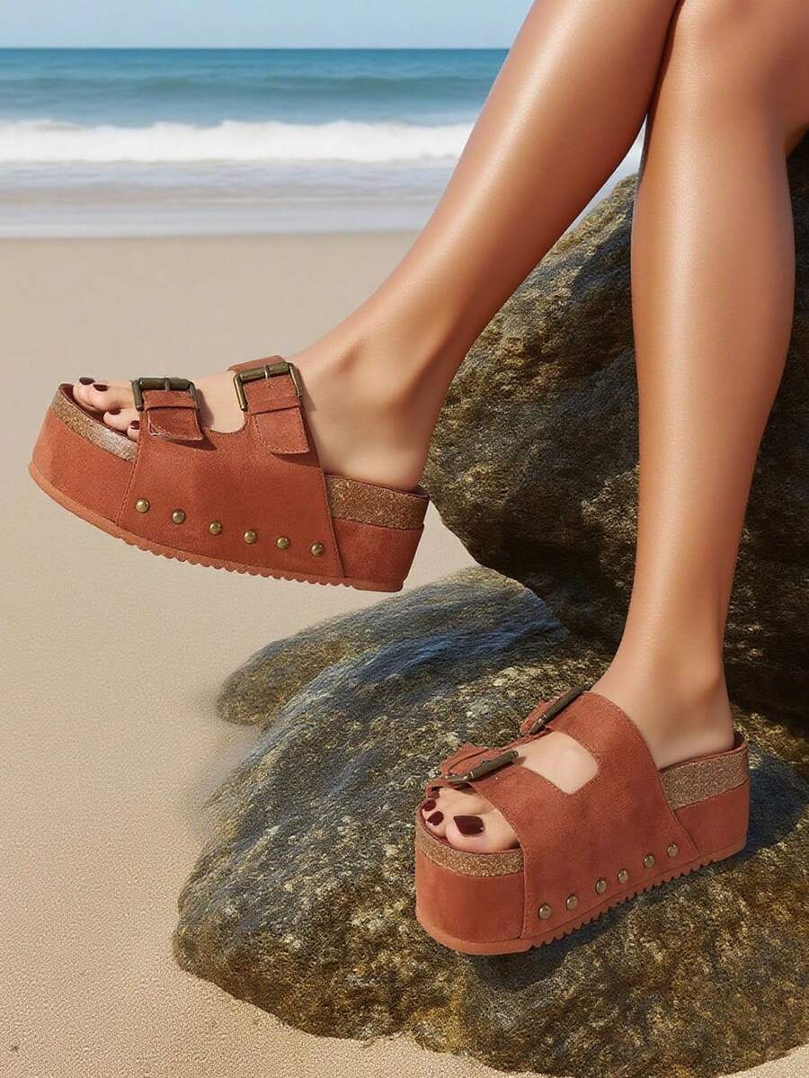 Women's Cork Platform Sandals Fashion Studded Adjustable Buckle Straps Slip On Thick Bottom Casual Wedges Clogs Slide Sandals Woman - Brown - View 1