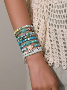 Juego de 9 piezas de pulseras hechas a mano con elementos de perla de resina, circonita cúbica y en forma de corazón y tortuga, estilo océano, adecuado para el uso diario y la playa de las mujeres
