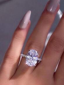 1pc Fashionable Cubic Zirconia Oval Cut Decorative Copper Ring, Suitable For Women's Daily Wear, Wedding, Cocktail Party, Engagement, Valentine's Day Gift