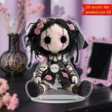 1 pieza Muñeca gótica plana y linda de acrílico para decoración de escritorio, diseño [plano 2D] único con cabello rosa, calavera blanca, rosa negra y atuendo delicado, adecuado para Halloween, bar, cafetería o regalo a amigos