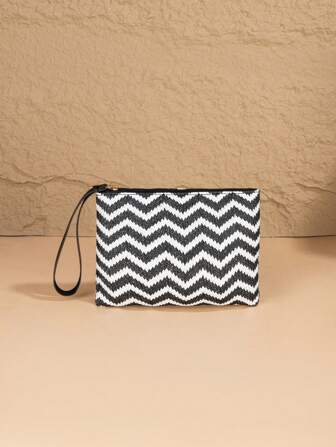 女士编织沙滩手拿包，彩色波浪纹腕包，适合海滩度假和零钱包