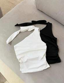 Collared Blouse, Tie-Up Blouse, Polyamide Cropped Top - 鏽棕色 - 查看 2