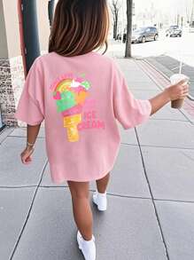 Camiseta casual de cuello redondo de manga corta con estampado rosa para niñas, parte superior de verano para adolescentes y estudiantes
