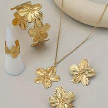 2pcs/5pcs Flower Necklace, Earrings, Bracelet, Ring Metal 5-Petal Flower Jewelry Set, Women Elegant Sweet Accessories
