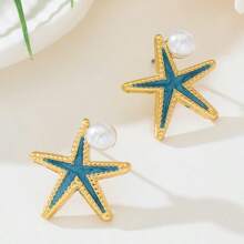 1 par de pendientes decorados con perla, pendientes para fiesta de playa con concha y elementos, pendientes multicomponentes con perla y rhinestone, pendientes con tema de playa, pendientes dulces y elegantes decorados con perla y rhinestone, regalo de joyería de alta gama para damas en citas de playa, verano