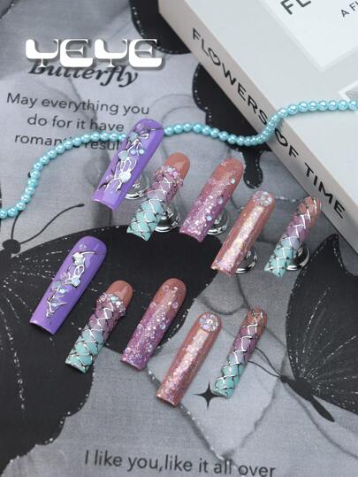Elevate Your Style With 10pcs Overlong Square Shape European Style Purple Gradient Blue With Dusty Pink Crown Imperial Boho Full Coverage Fake Nail Set Summer Cool 3d Three-Dimensional Decoration Flower Glitter Chrome Plaid Vanity Nordic Full Cover Press On Nails Kit For Girls And Women With 1pc Mini Nail File & 1 Sheet Adhesive Tabs